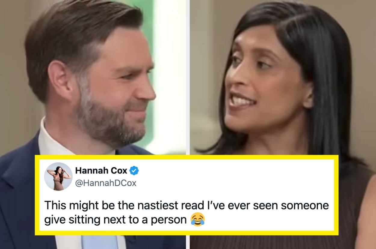 Two people engaged in a conversation, while a tweet overlay humorously comments on the perceived intensity of the exchange