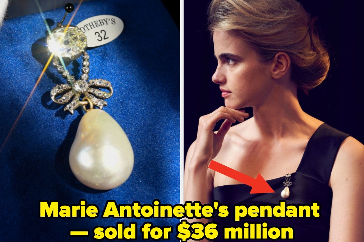 Marie Antoinette's pearl pendant, sold for $36 million, shown on a model in a black dress