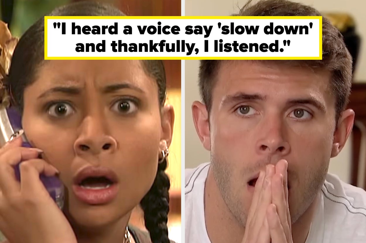 Two people in separate scenes; one looks surprised on the phone, the other is pensive with hands on chin. Both express intense emotions