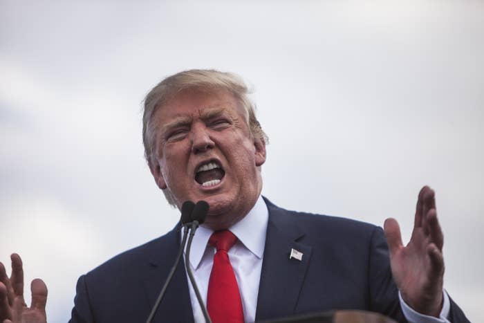 A idiosyncratic   wearing a suit   passionately speaks astatine  a podium, gesturing with hands, outdoors with a cloudy entity  background