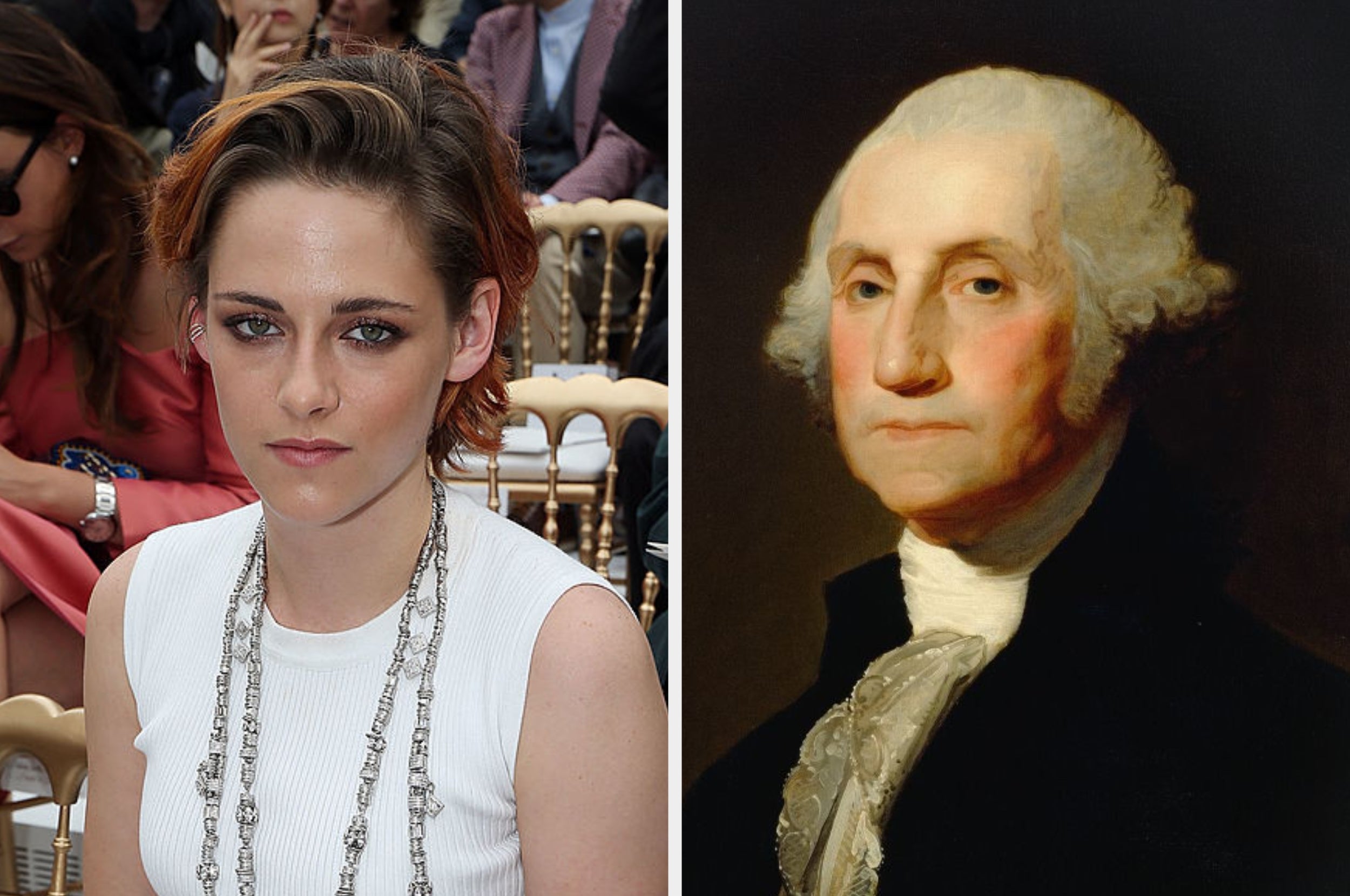 Two images side by side: a person in a white sleeveless top with beaded necklaces, and a classic portrait of a historical figure in formal attire