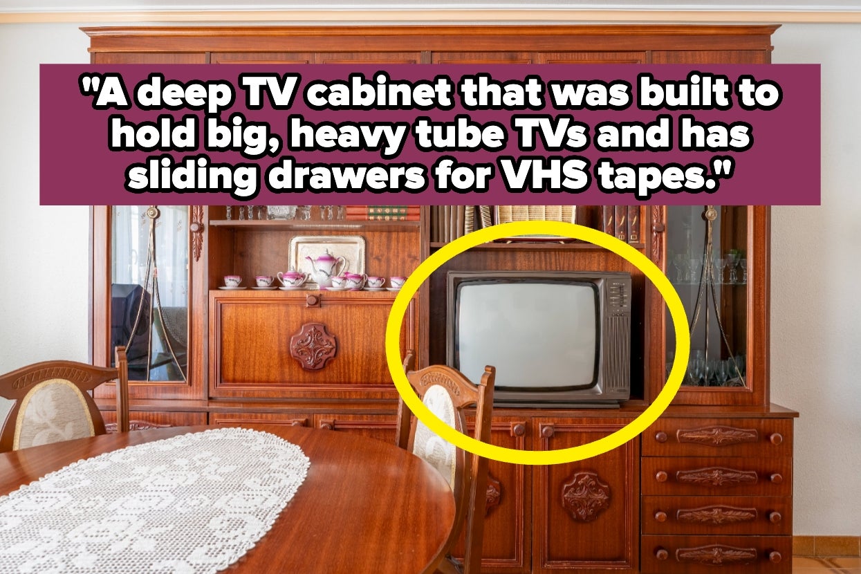 A vintage wooden TV cabinet with an old tube TV and sliding drawers for VHS tapes, highlighted by a text overlay describing its features