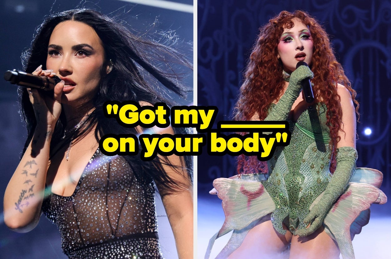 Split image of Demi Lovato and Chappell Roan performing on stage in sparkling outfits, text overlay: "Got my ____ on your body"
