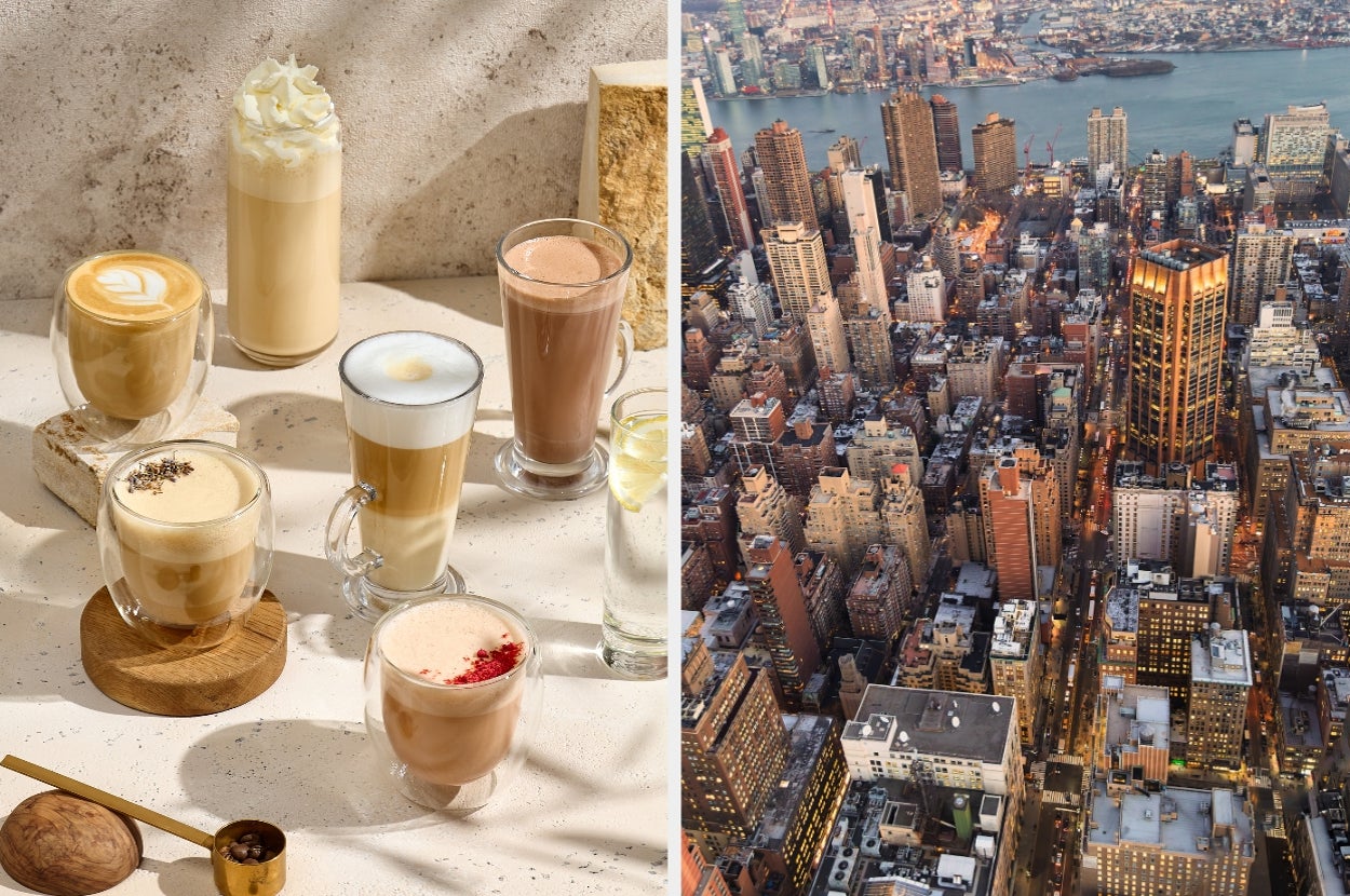 Left: Assorted coffee drinks on a textured surface. Right: Aerial view of a New York City with skyscrapers
