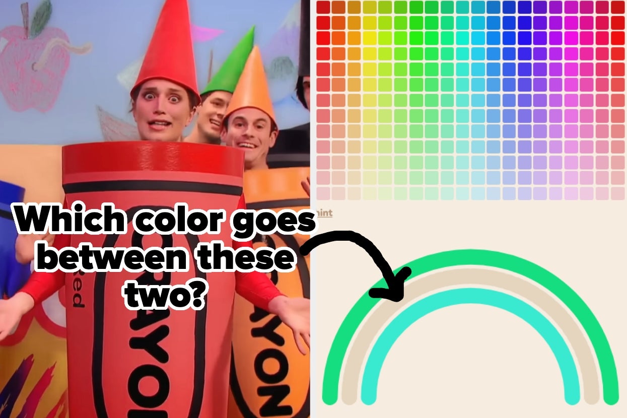 People dressed as crayons ask which color fits between two rainbow arcs, next to a color palette