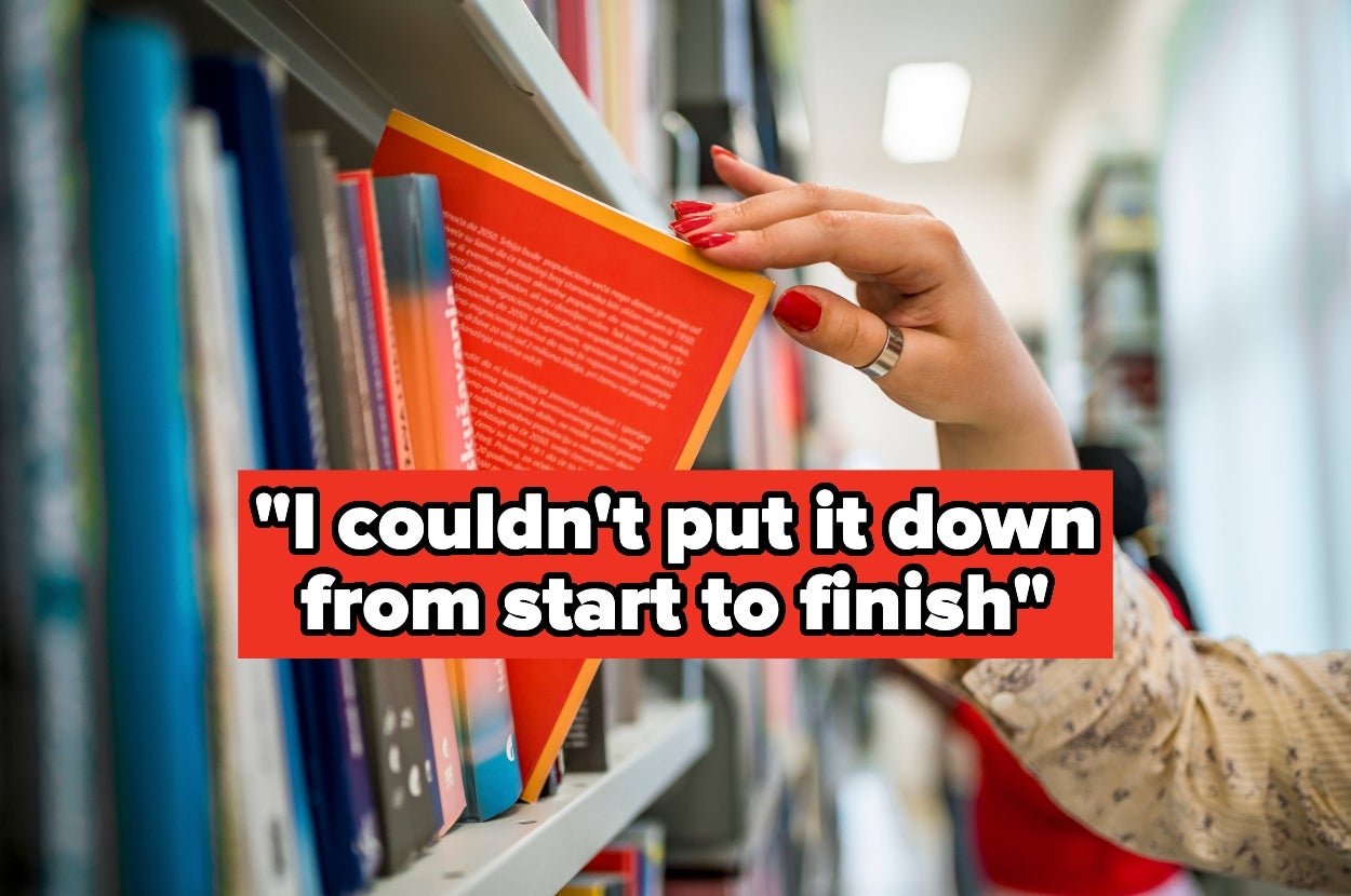 Person taking a book from a library shelf, with the quote "I couldn't put it down from start to finish" overlayed