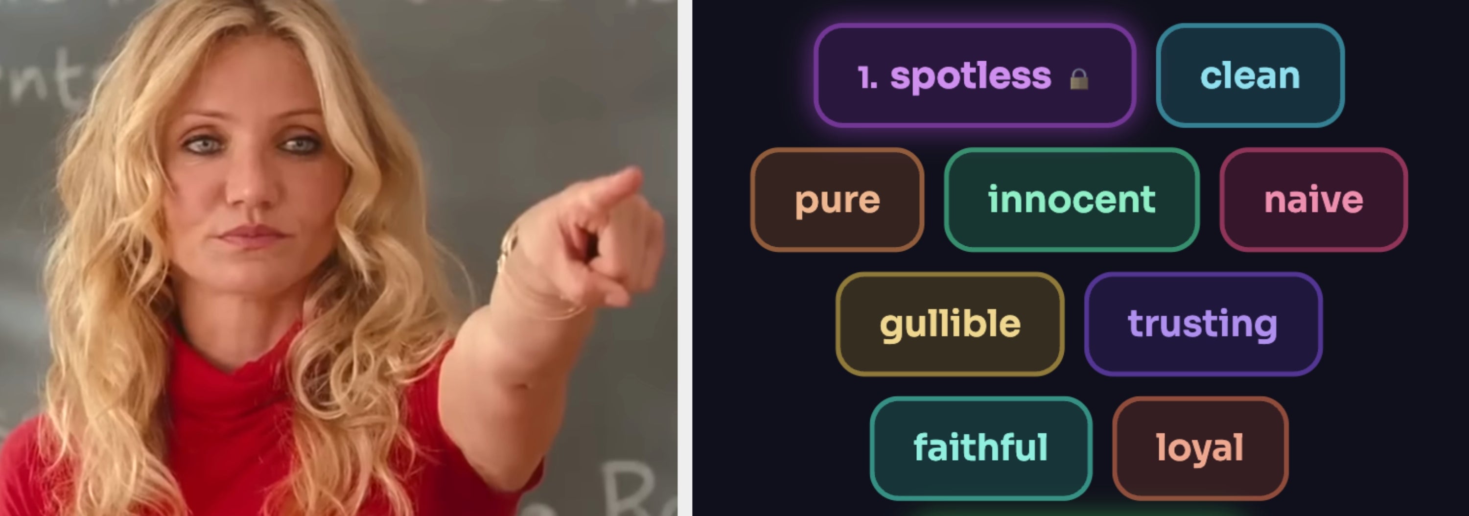 Person pointing with word puzzle showing synonyms for "clean" like spotless, pure, and innocent. Text reads: "are you a word genius?"