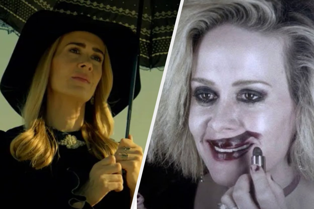 Split image of a woman in elegant attire and hat holding an umbrella, and the same woman in a spooky style applying lipstick