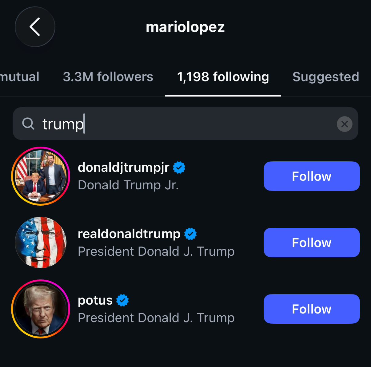 Søk på sosiale medier som viser bekreftede kontoer for Donald Trump Jr., president Donald J. Trump og POTUS, hver med en følg-knapp