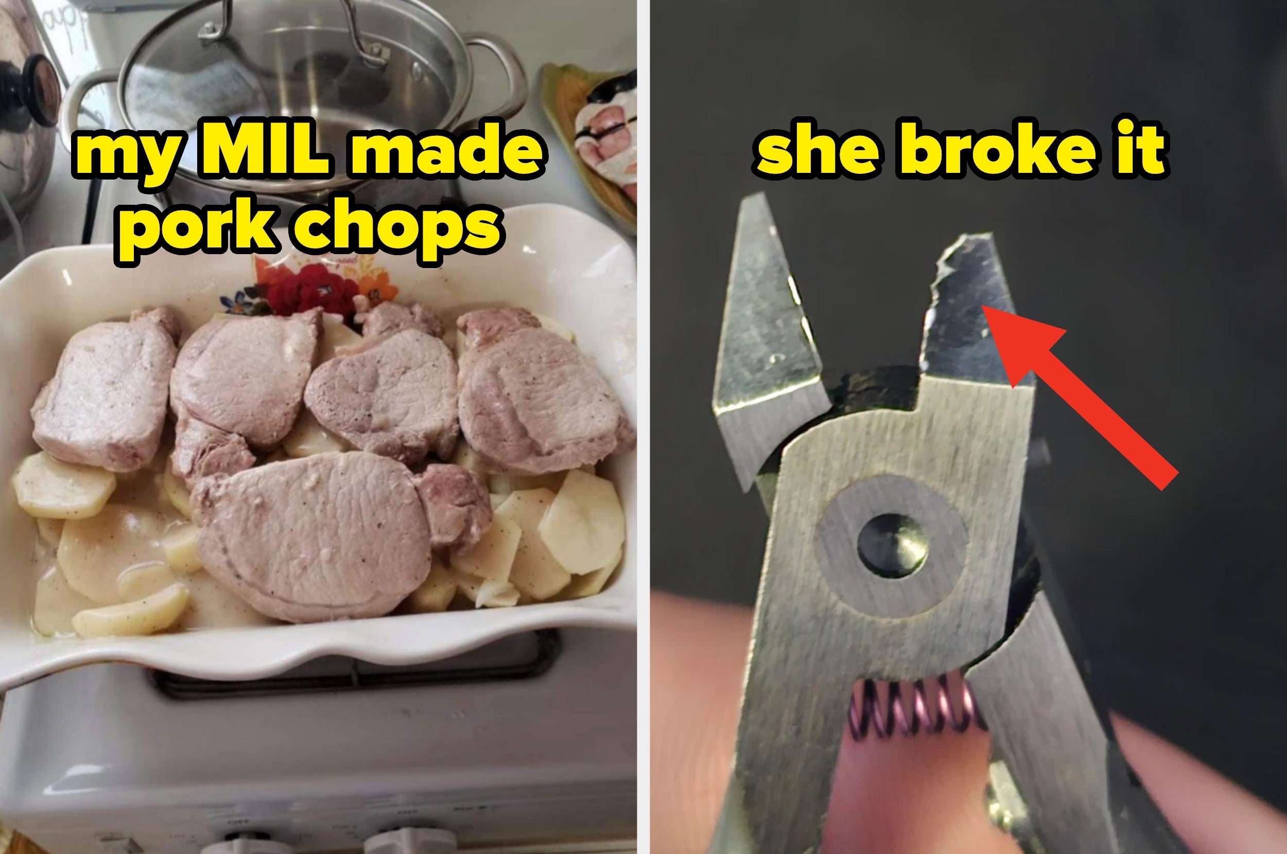 Photo collage: Left shows a dish of pork chops prepared by someone's mother-in-law. Right displays broken pliers with a red arrow pointing at damage