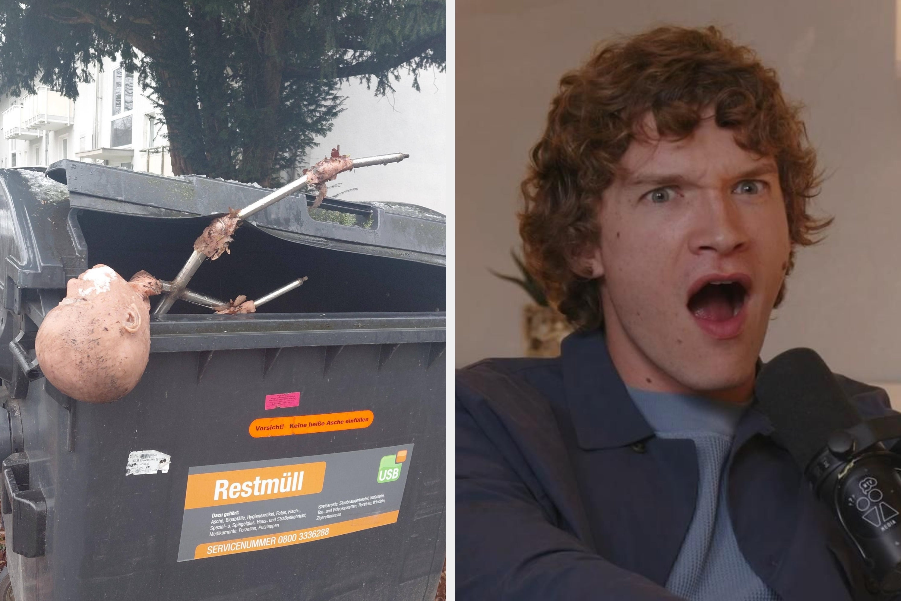 Left: Mannequin with metal rod in trash bin. Right: Person with curly hair looks surprised or confused. Image is categorized as Internet Finds