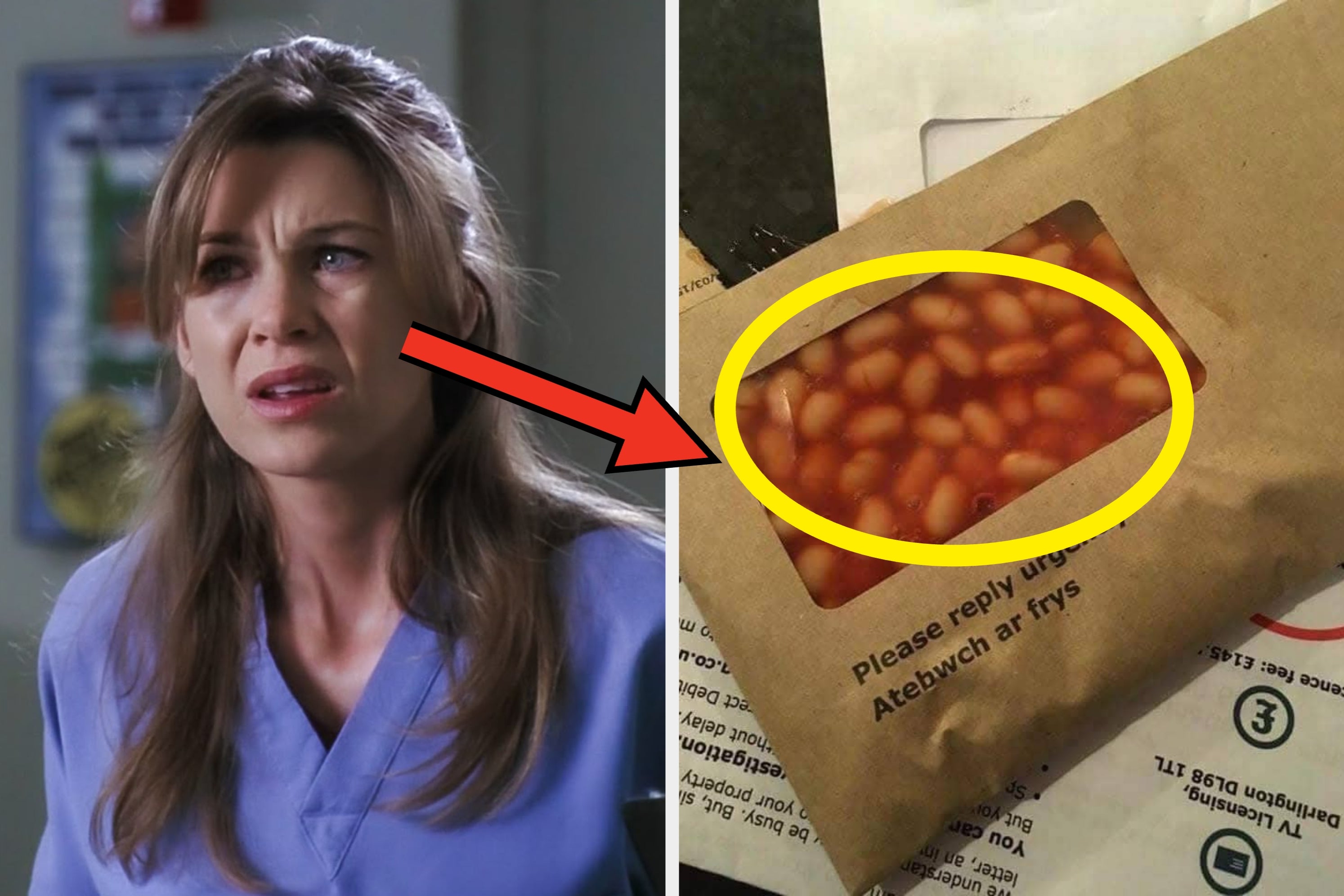 Woman in scrubs looks confused; arrow points to mail envelope filled with beans in a clear window