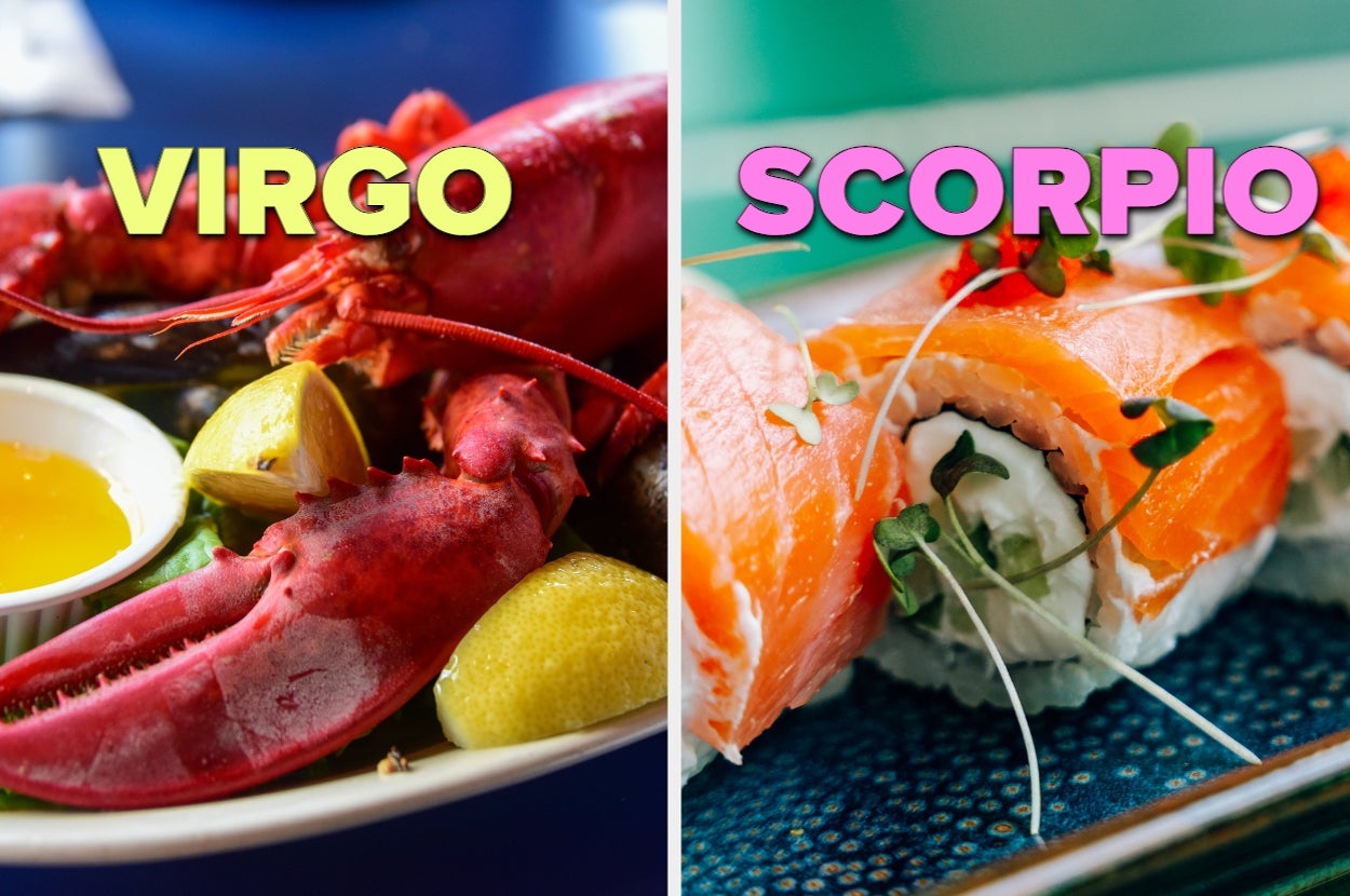 Left: Lobster with lemon and butter labeled "Virgo." Right: Sushi roll with greens labeled "Scorpio."