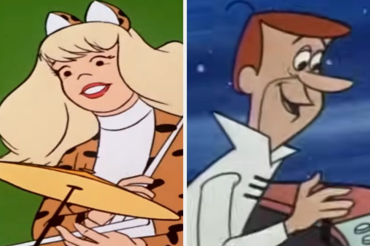Animated character in a leopard-print outfit playing drums, smiling energetically