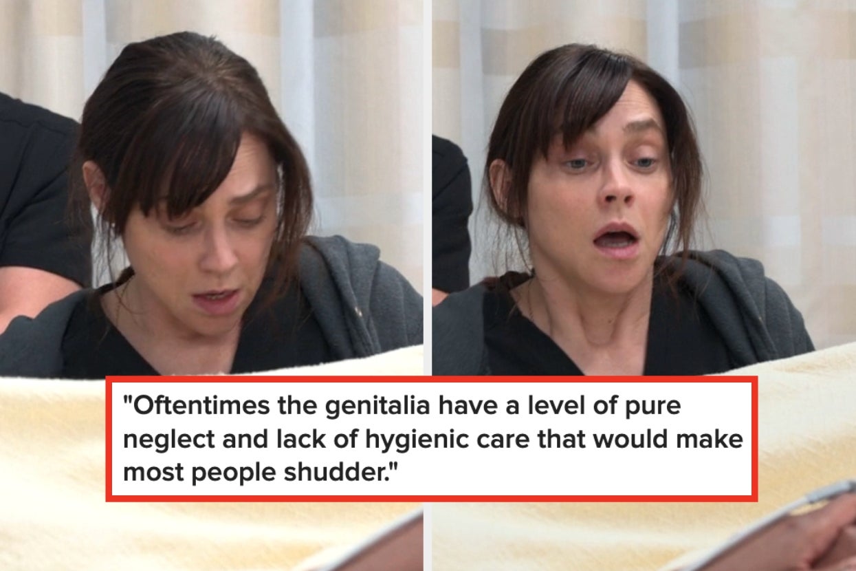 shocked doctor looking under sheet captioned "Oftentimes the genitalia have a level of pure neglect and lack of hygienic care that would make most people shudder"