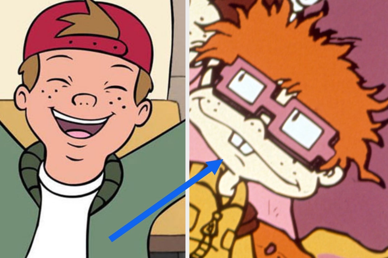 Animated characters T.J. Detweiler from "Recess" and Chuckie Finster from "Rugrats" side by side, connected by a blue arrow