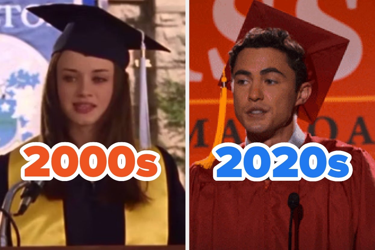 Rory from "Gilmore Girls" labeled "2000s" and Paxton from "Never Have I Ever" labeled "2020s," each wearing graduation caps and gowns