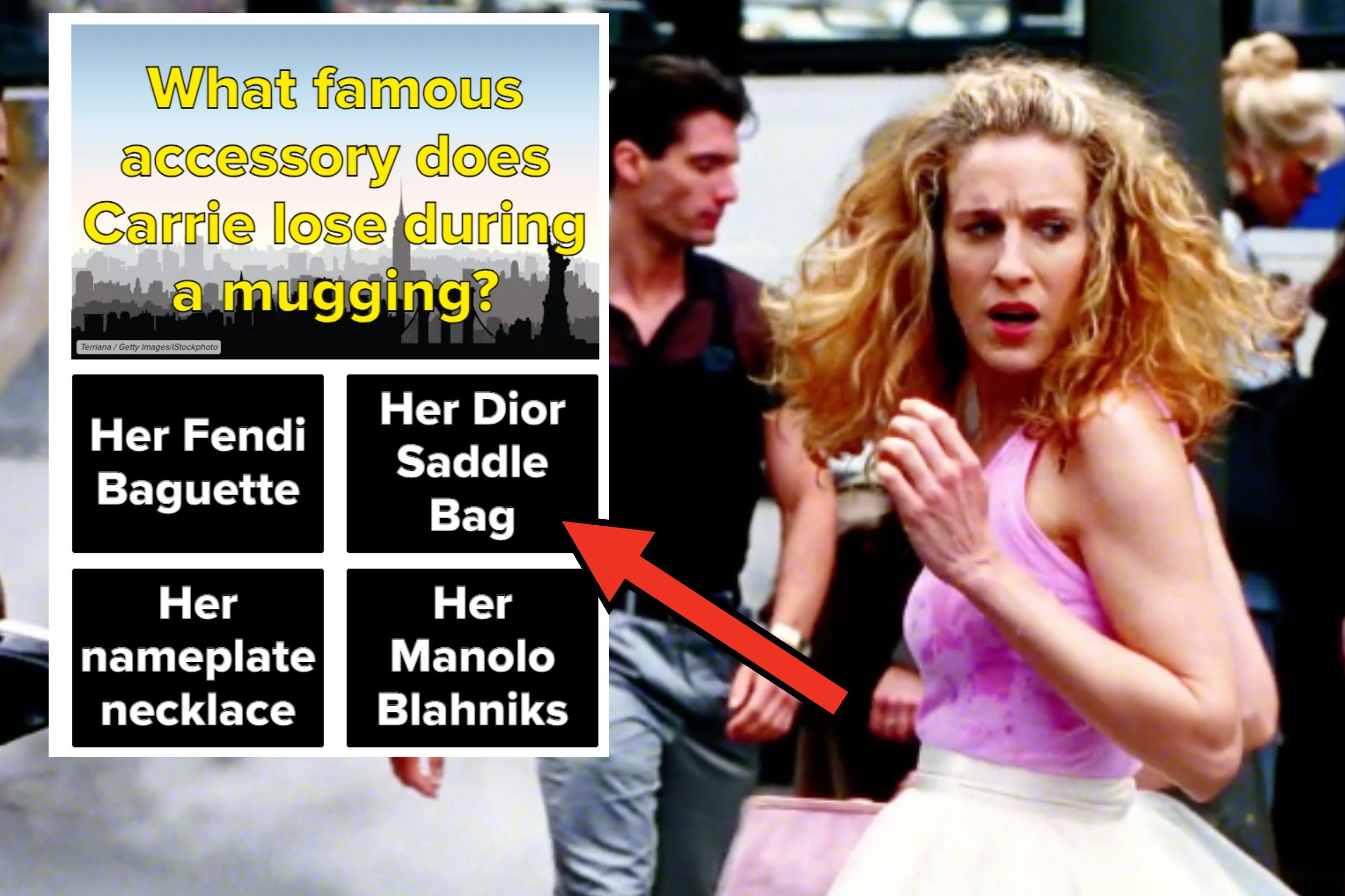 Image of a worried woman in a pink top and white skirt, with a quiz about Carrie losing a Dior Saddle Bag