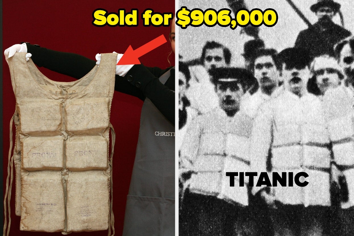 A Titanic life jacket sold for $906,000 at auction, with a historic photo of crewmen wearing similar vests