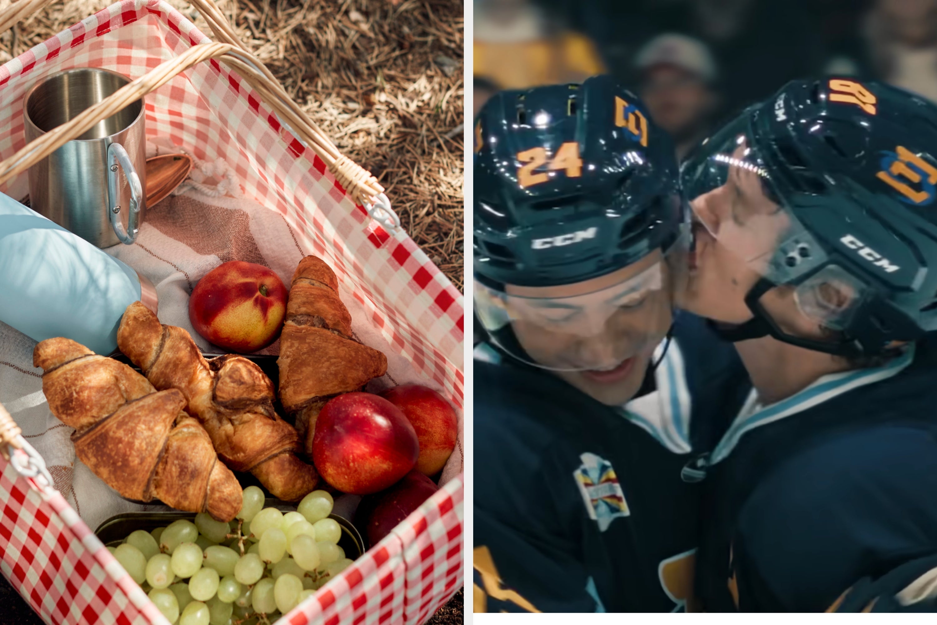 A picnic basket with croissants, apples, and grapes; next to a joyful embrace between two hockey players in full gear