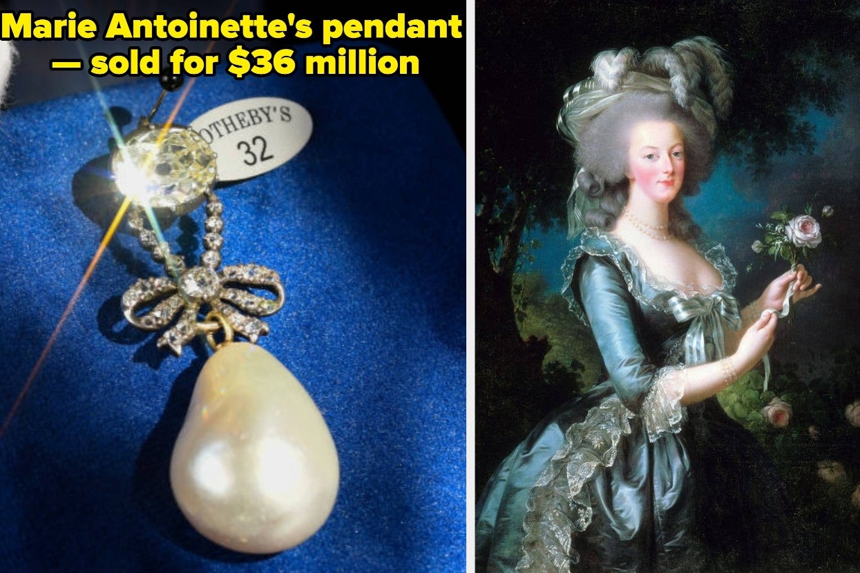 Marie Antoinette's pearl pendant alongside her portrait; sold for $36 million at Sotheby's auction