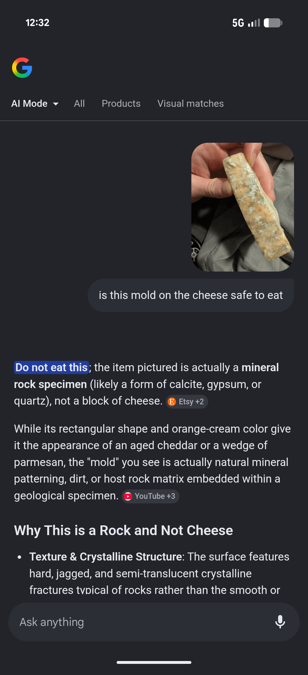 A phone screen shows a Google Lens result saying a moldy cheese image is actually a mineral rock specimen