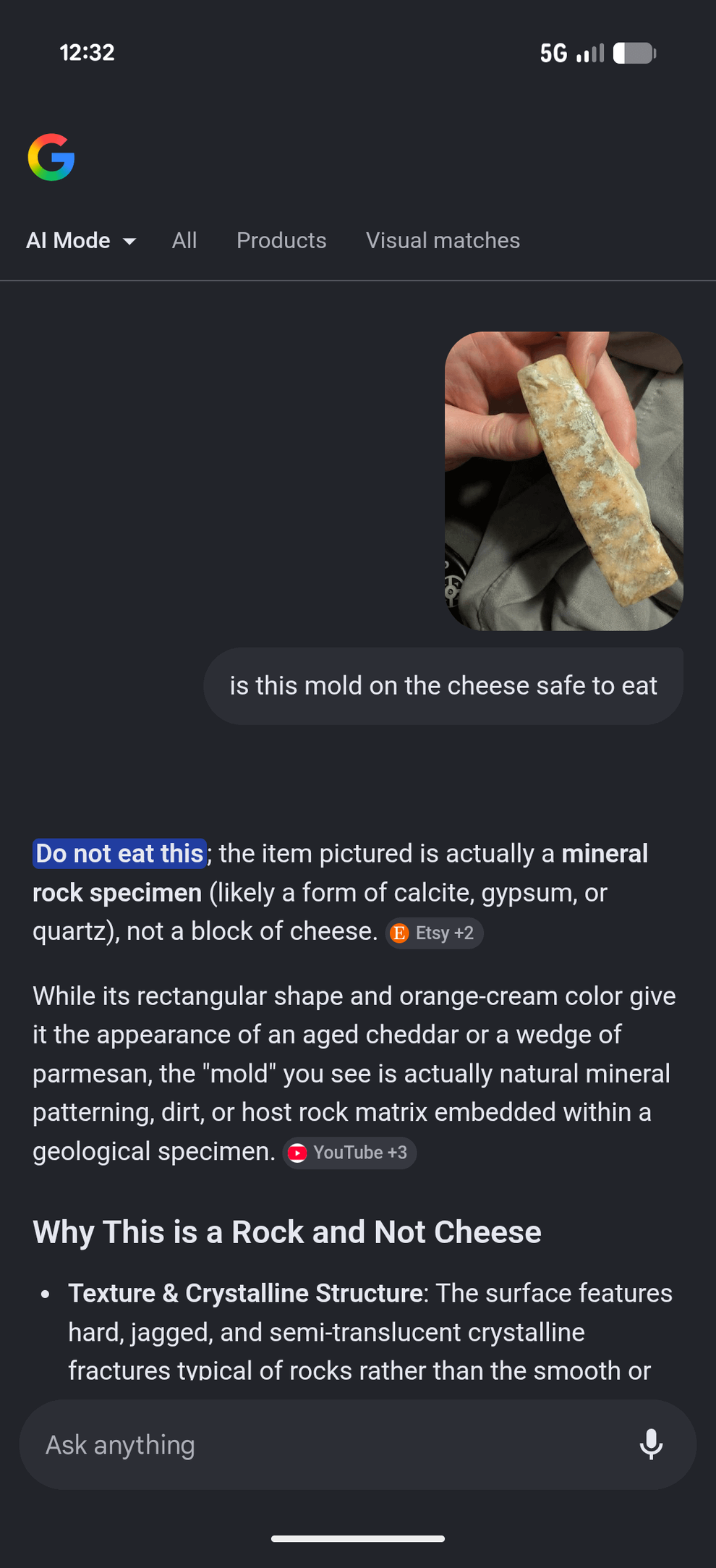 A phone screen shows a Google Lens result saying a moldy cheese image is actually a mineral rock specimen