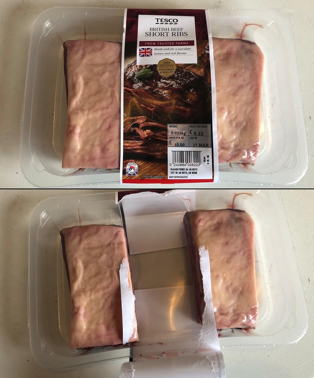Packaged abbreviated  ribs with a statement   showing British origin. The packaging is partially open, revealing the nutrient   inside