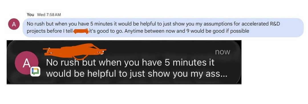 Screenshot of a message conversation shows a humorous typo where 