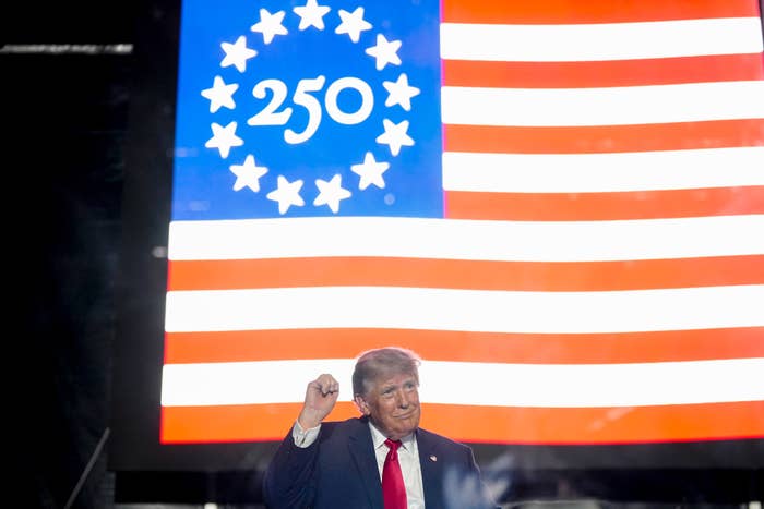 Person gesturing with a fist raised successful  beforehand   of a ample  surface  displaying "250" and stars, resembling the U.S. flag