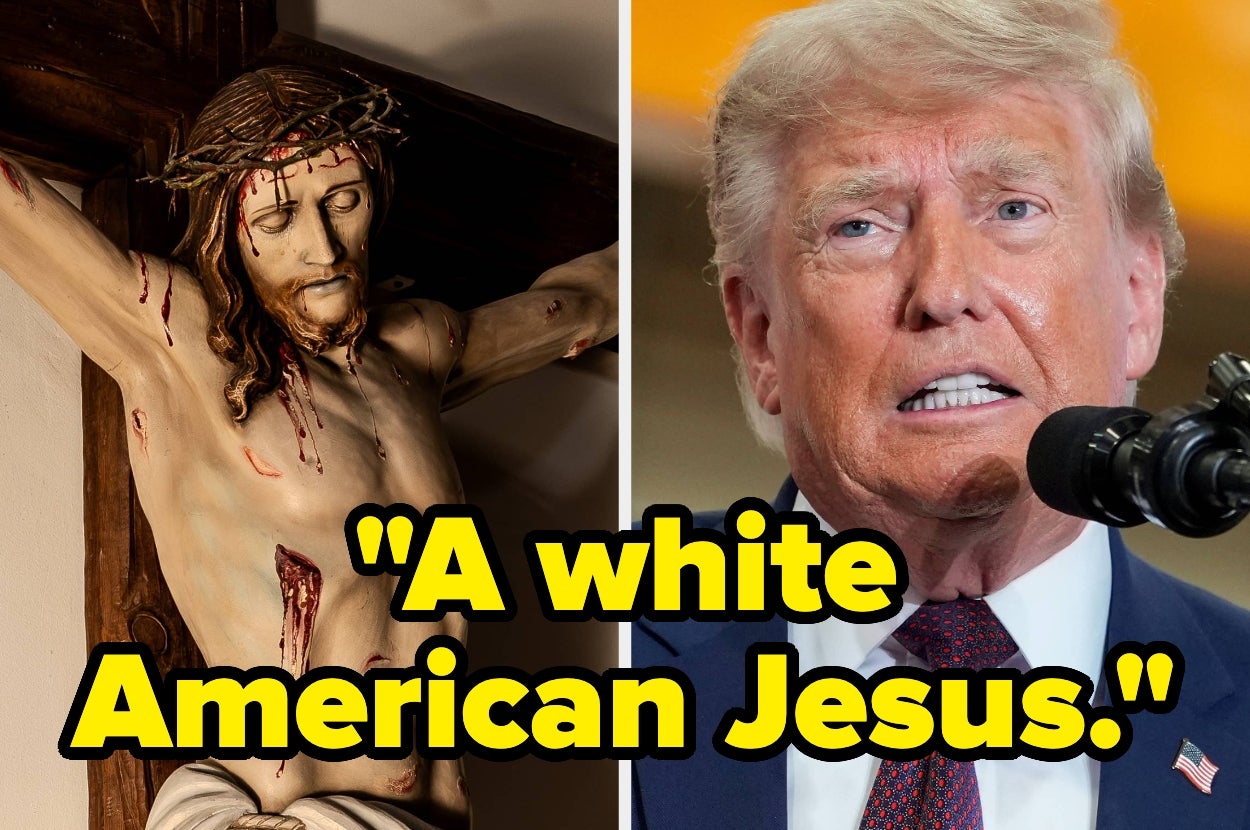 Crucifixion sculpture of Jesus next to a man speaking at a podium. Overlay text reads: "A white American Jesus."