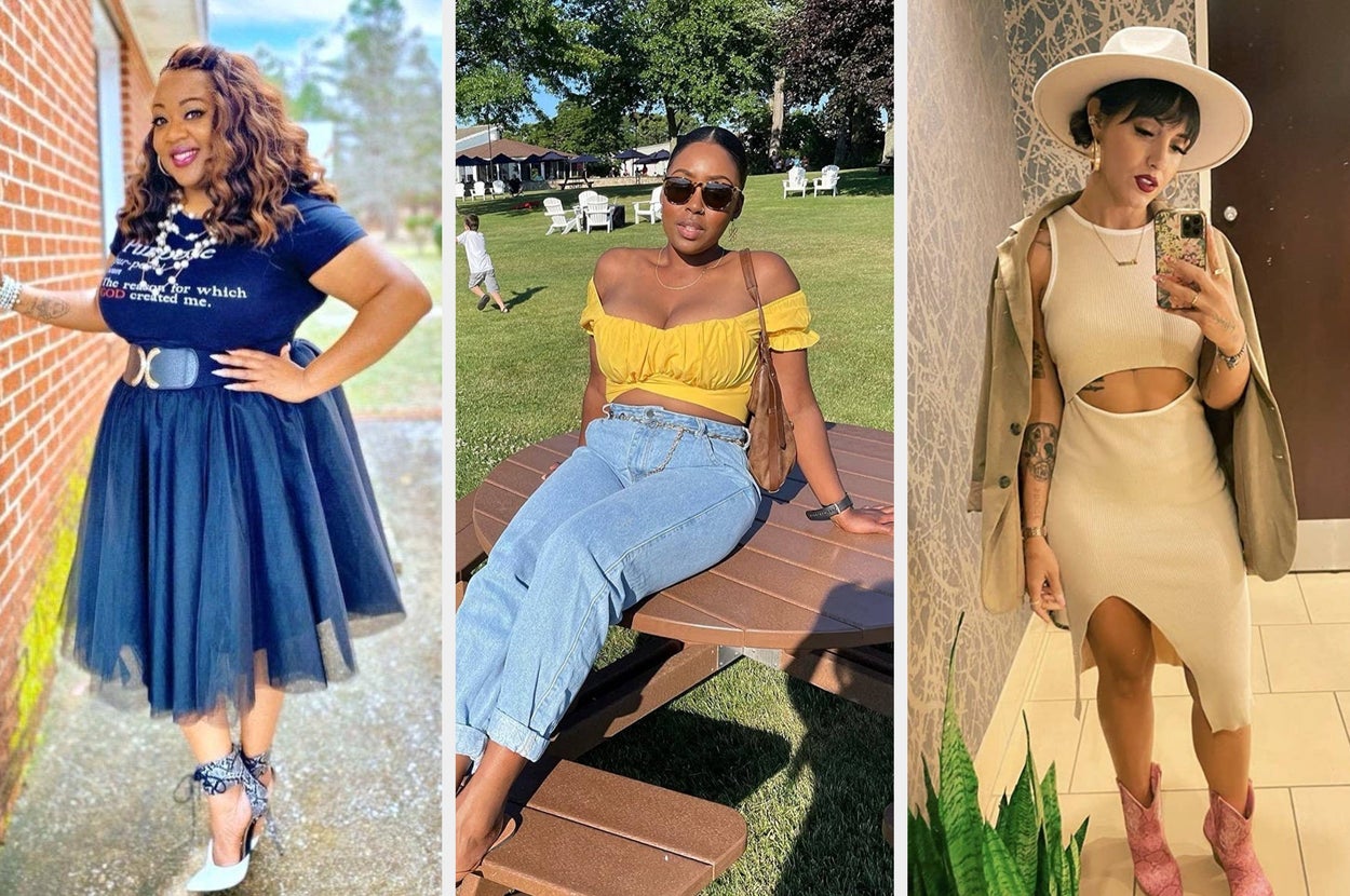 Left: Person in a sleeveless top with a lattice design near the neckline. Right: Person in a fitted crop top and a patterned midi skirt holding a handbag