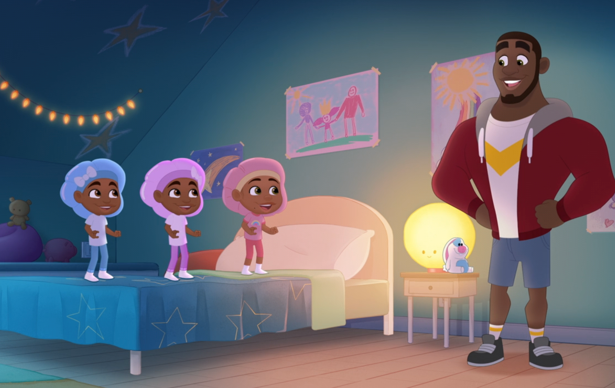 Animated scene of three children playing on a bed, interacting with a smiling adult in casual attire in a cozy room