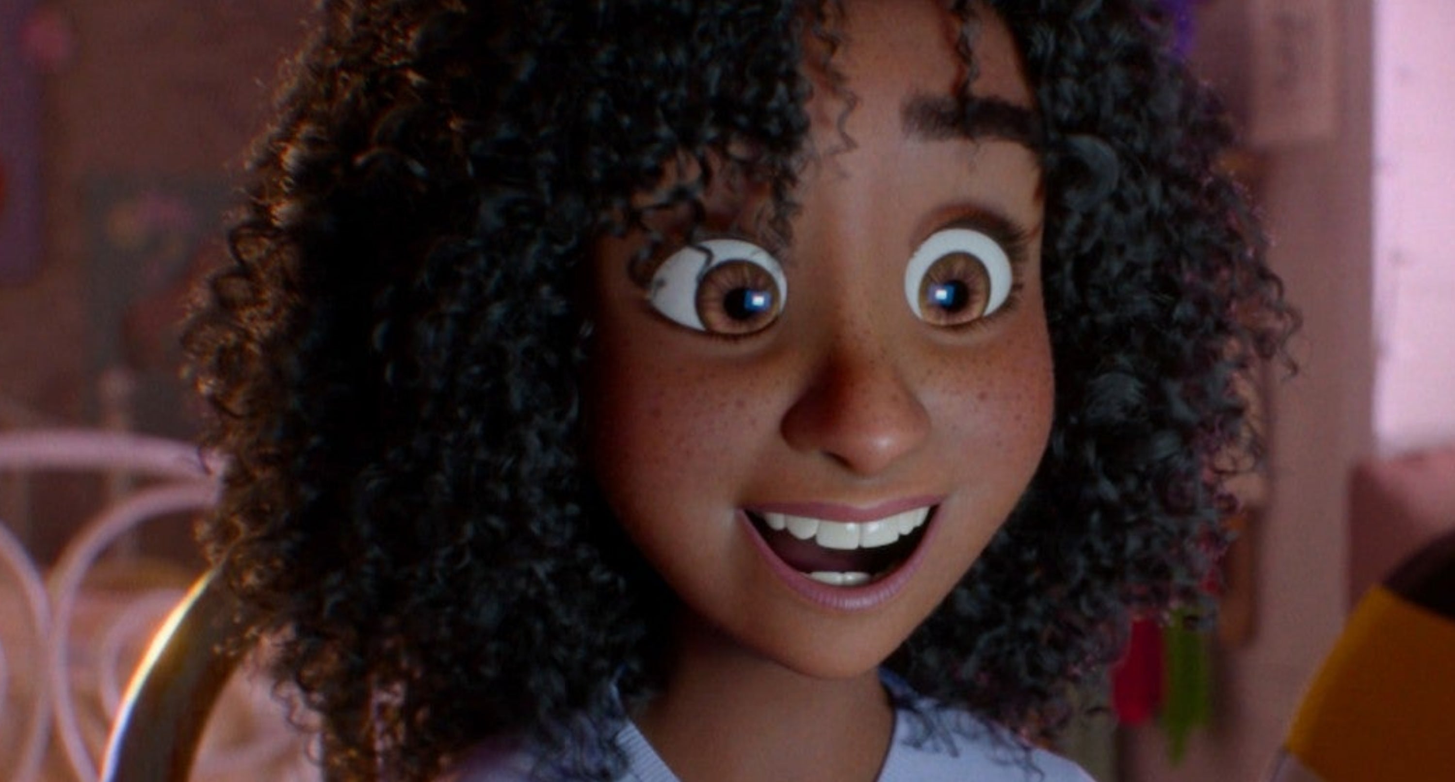 Animated character with curly hair excitedly looking at a laptop in a cozy bedroom setting