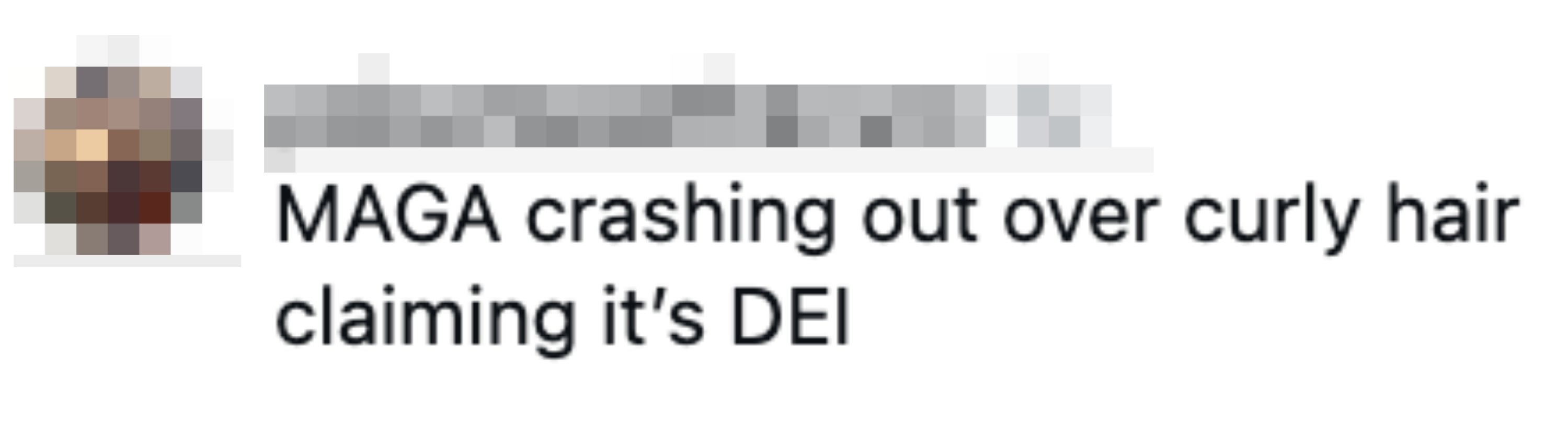 Instagram comment discussing MAGA's opinion on curly hair and DEI (Diversity, Equity, Inclusion)