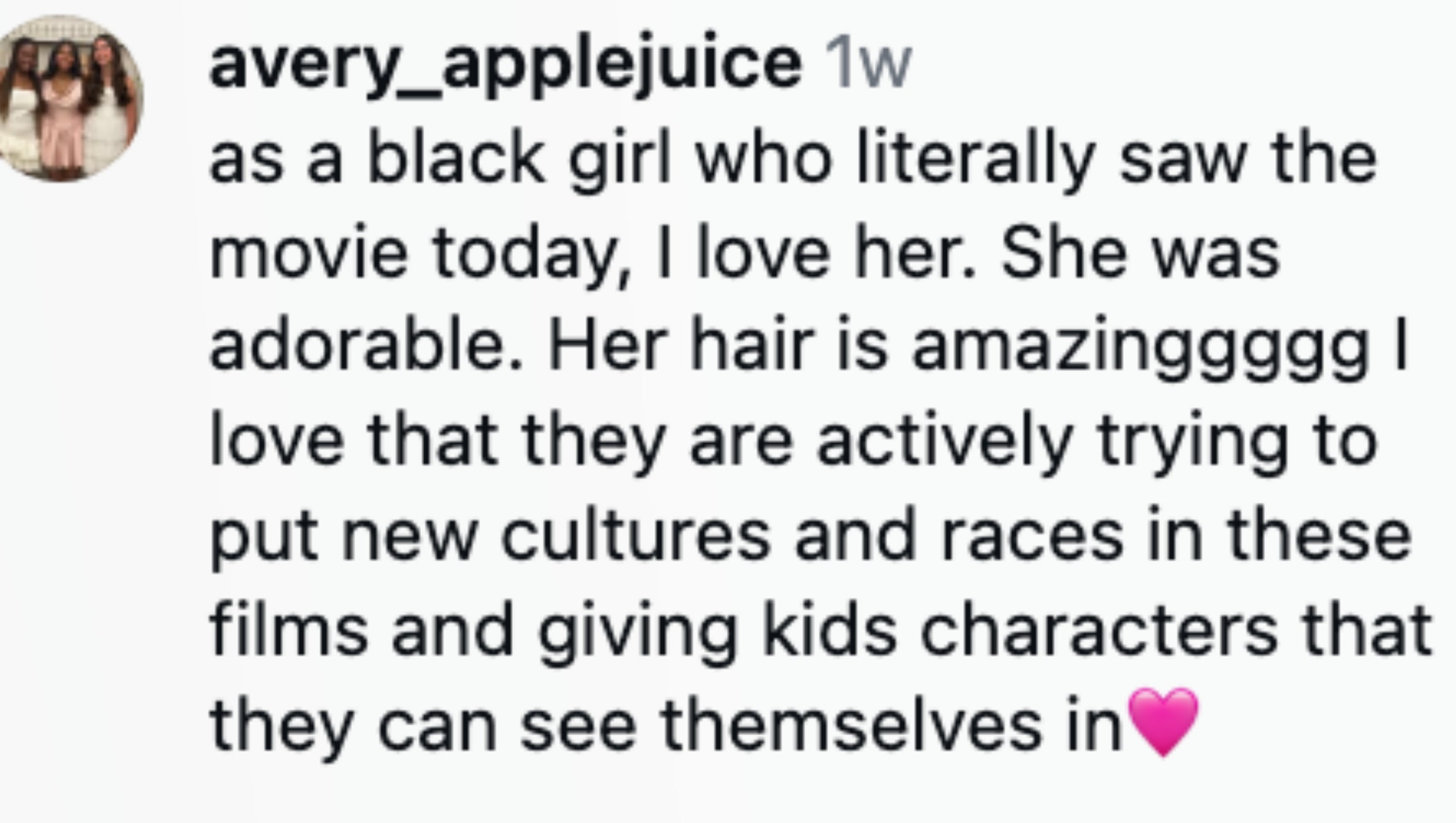Comment expressing admiration for a movie's representation of diverse cultures and characters, highlighting a girl's amazing hair