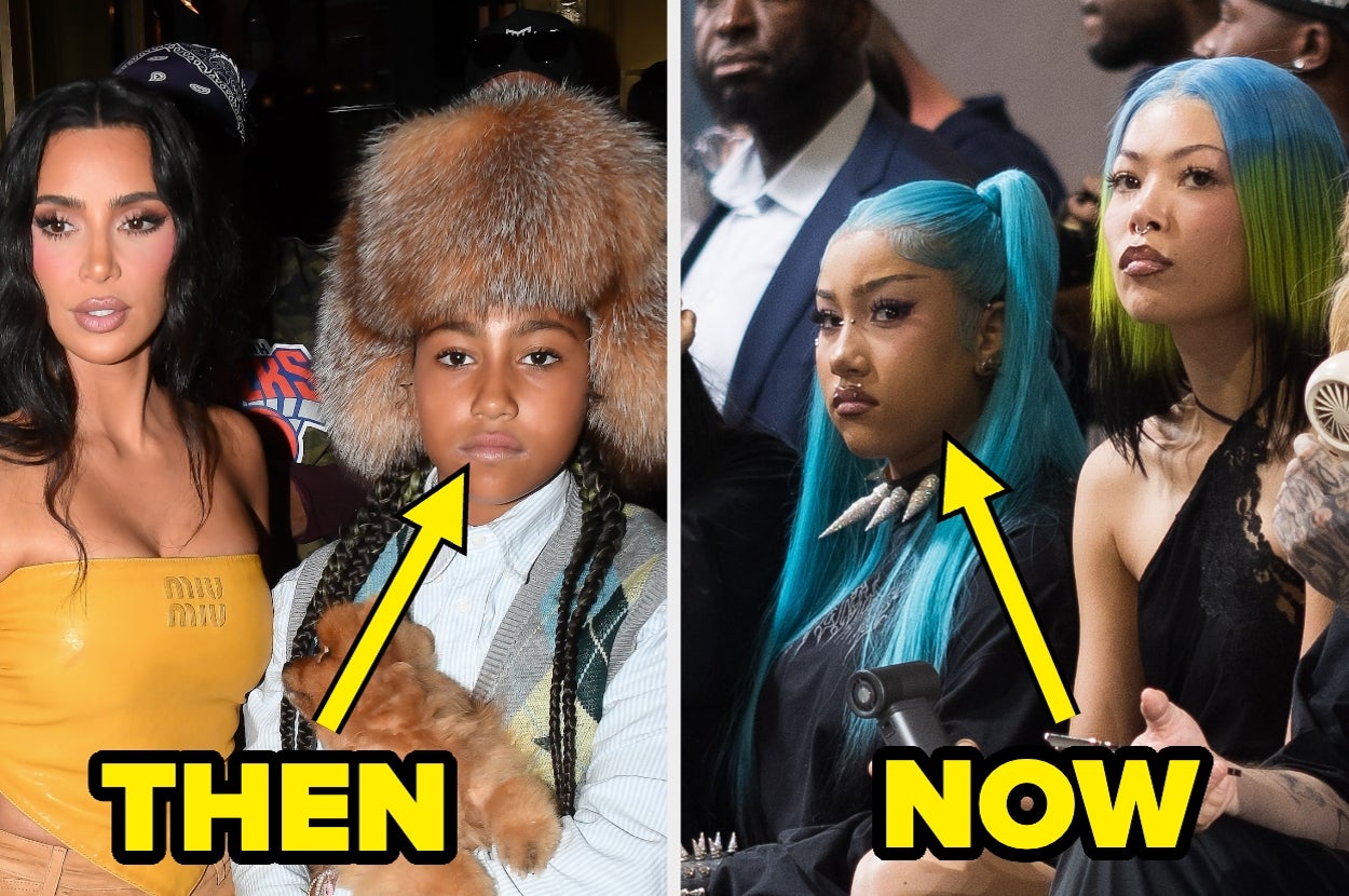 Two side-by-side images show a person then as a child wearing a furry hat and now as an adult with bright blue hair and bold makeup