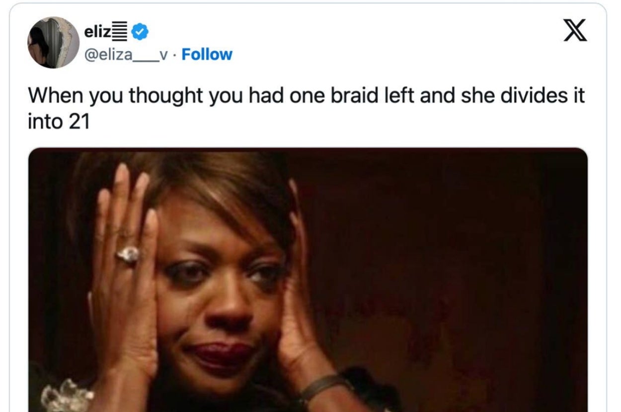 A tweet with an image of a distressed woman holding her head, captioned about unexpectedly having more braids to undo