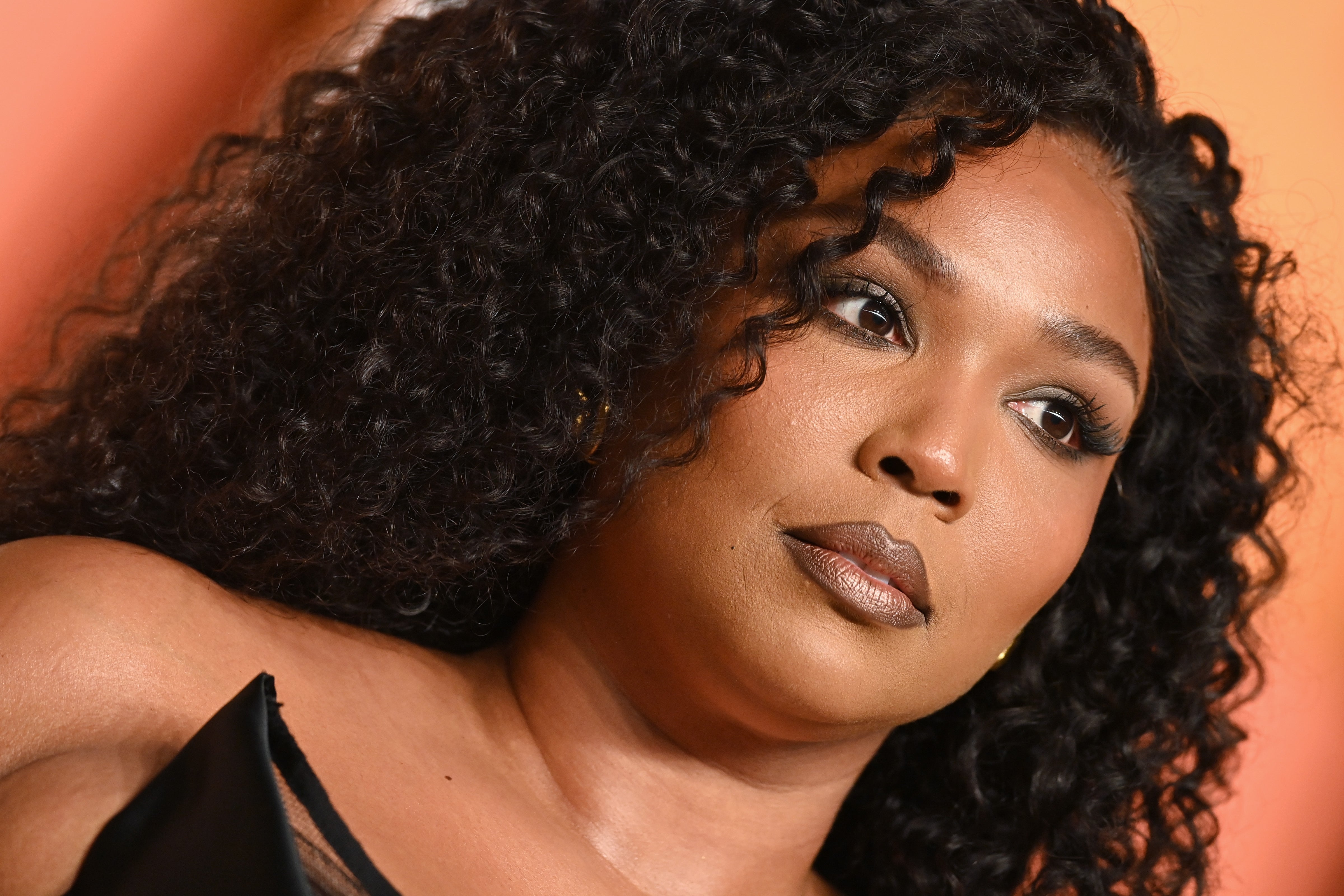 Lizzo with long, curly hair in an elegant, one-shoulder outfit at an event