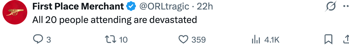 A tweet by First Place Merchant: "All 20 people attending are devastated."