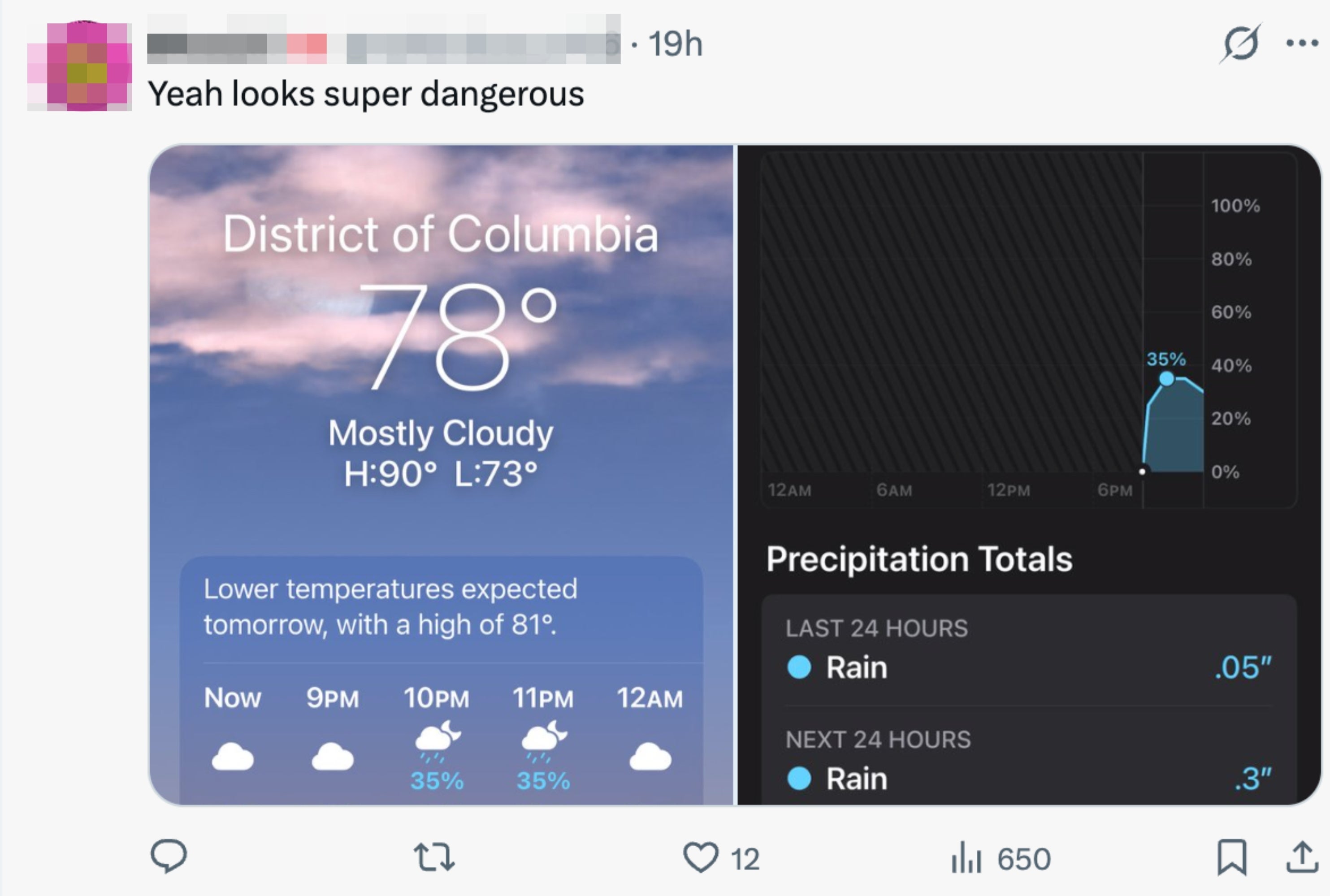 Tangkapan layar aplikasi cuaca menunjukkan Washington, DC pada suhu 28°F, sebagian besar berawan, dengan suhu lebih rendah di masa depan dan kemungkinan hujan. Curah hujan: 0,05