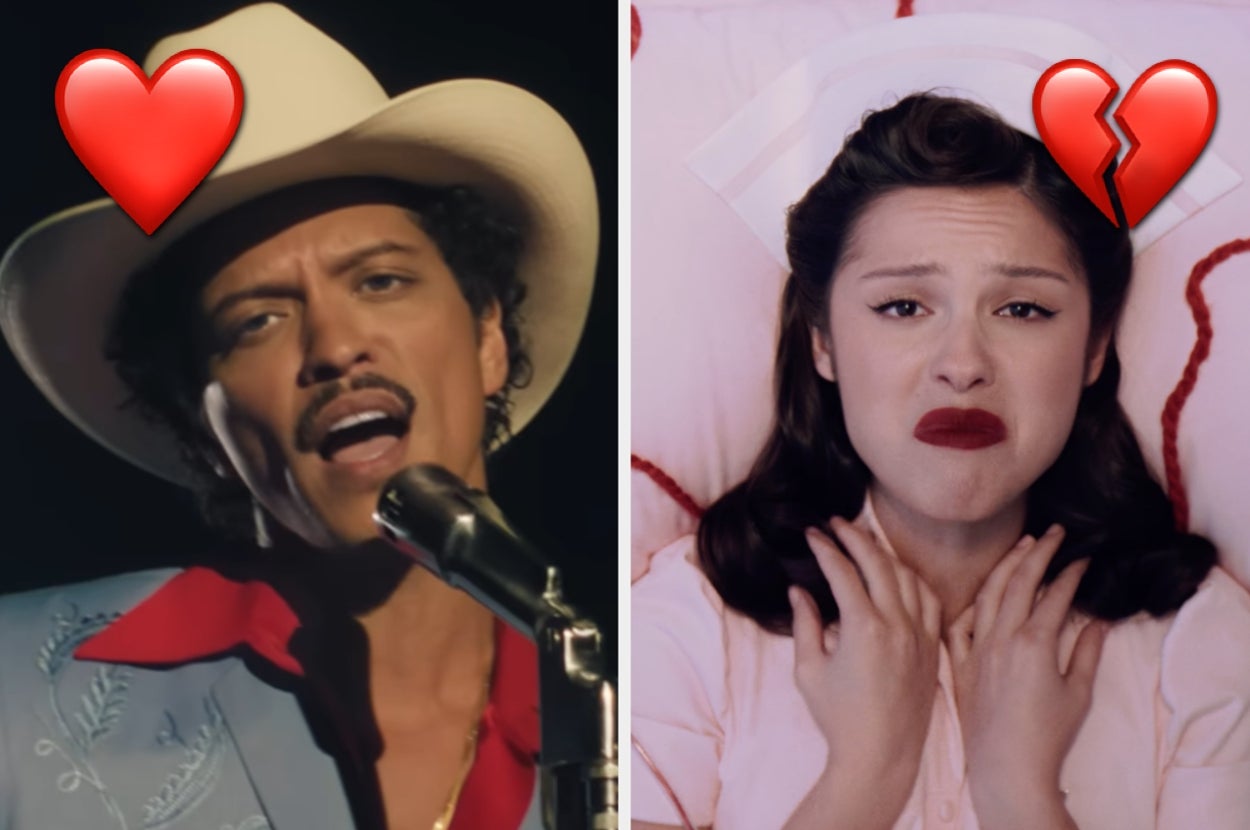 Split image: Left shows Bruno Mars in a cowboy-style outfit singing with a heart emoji. Right shows Olivia Rodrigo looking upset with a heartbreak emoji