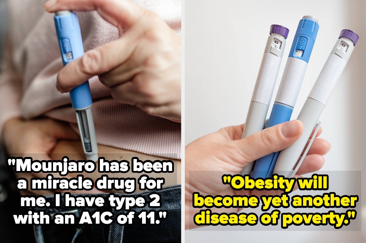 Person using an injector in their stomach; hands holding injectors. Text: "Mounjaro has been a miracle drug..." and "Obesity will become yet another disease of poverty."