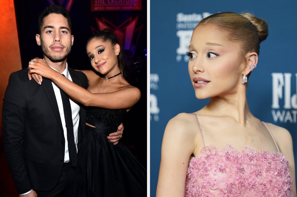 Ariana Grande wraps her arms around Ricky Alvarez vs Ariana Grande looking off in the distance on a red carpet