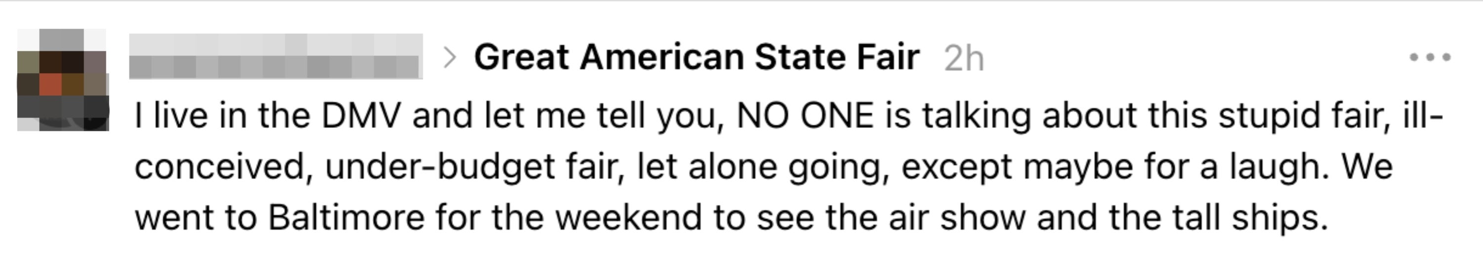Post som kritiserer Great American State Fair som uinteressant og underbudsjett, og foreslår et besøk til Baltimore i stedet