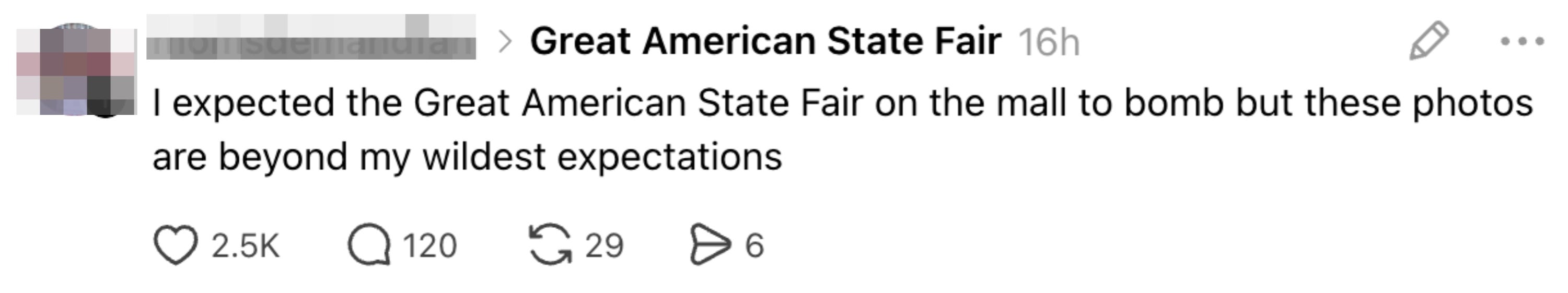 Kommentar som angir forventningene overskredet for Great American State Fair, med antall reaksjoner