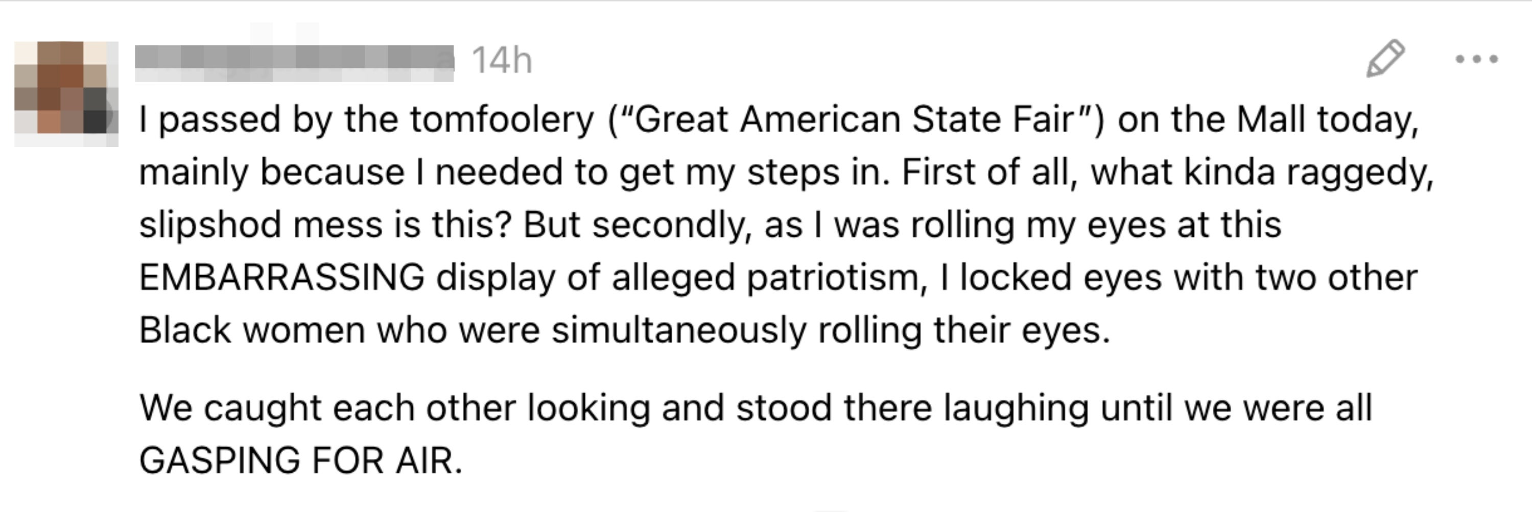 Sammendrag av et innlegg på sosiale medier om å besøke "Great American State Fair" og møte to andre kvinner mens de ler av scenen sammen