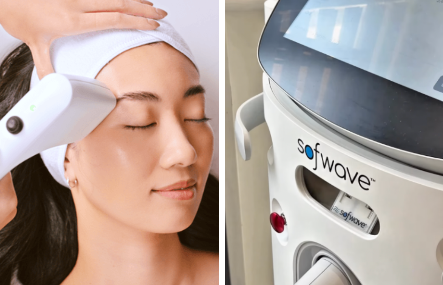 A person receiving a facial treatment using a Sofwave device, shown in close-up, enhancing skin appearance