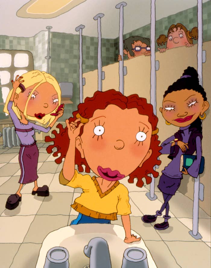 Animated characters hole  their hairsbreadth  and chat successful  a schoolhouse  bathroom. Two basal   adjacent   mirrors, portion    2  peek implicit    a stall, engaging successful  conversation