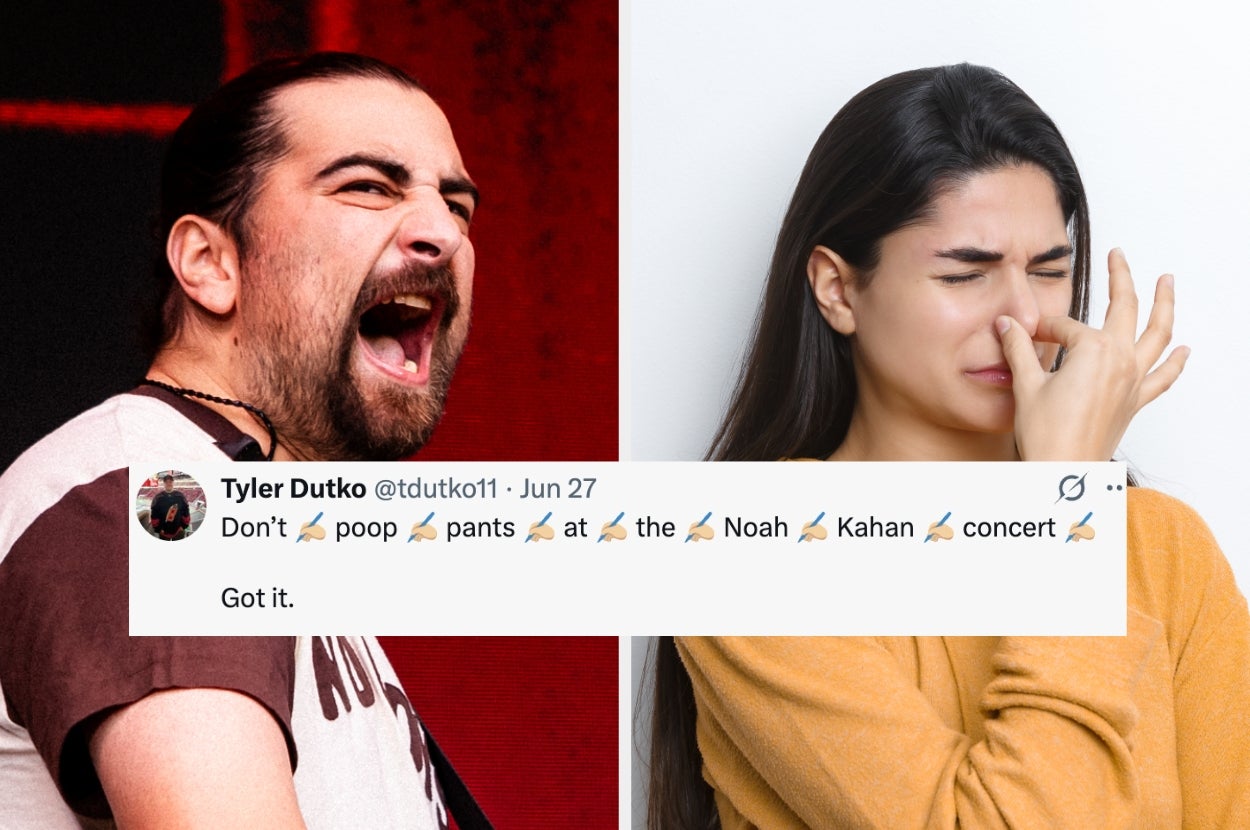 Split image: Left, man singing passionately. Right, woman pinching nose. Overlay tweet about avoiding bowel issues at a Noah Kahan concert